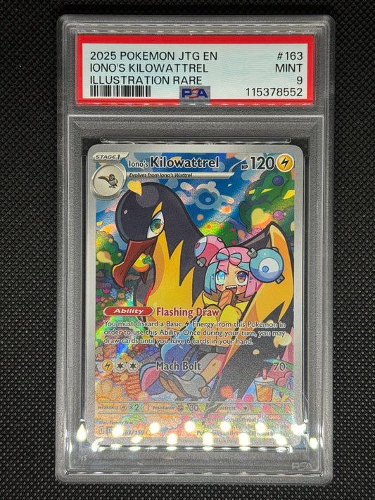Iono's Kilowattrel illustration rare in a PSA 9 slab with the set, card number, ID, and barcode.