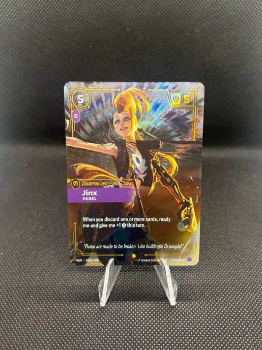 Jinx on a textured black surface firing her gun.