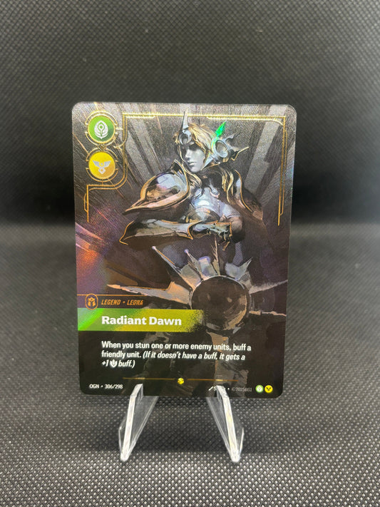 textured Leona with a dark background hold her shield.