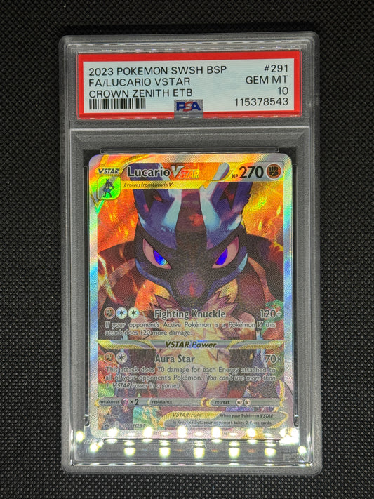 Lucario Vstar Promo from Crown Zenith ETB in a protective case with visible grading information.