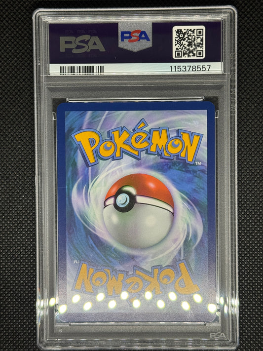 Pokémon trading card in a PSA protective case that has its number and a barcode and QR code.