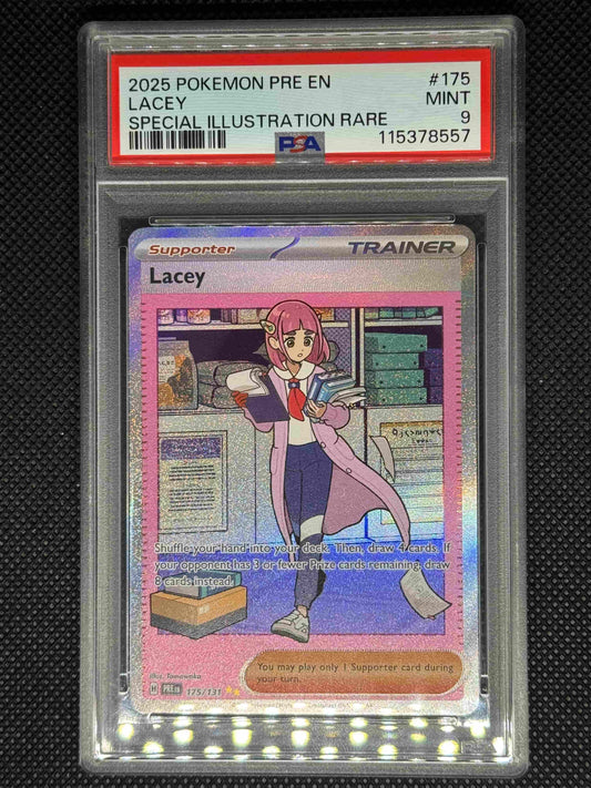 Pokémon trading card featuring Lacey in a classroom setting, encased in a protective holder.