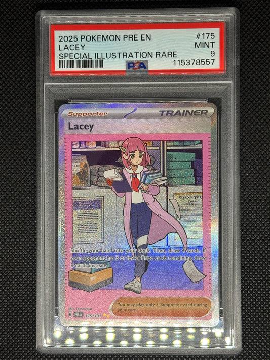 Pokémon trading card featuring Lacey in a classroom setting, encased in a protective holder.