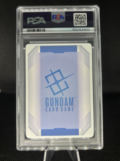 A PSA graded Gundam Card Game card in a clear PSA slab, displayed on a stand against a dark background. The card features a blue and white geometric design with the Gundam logo and text.