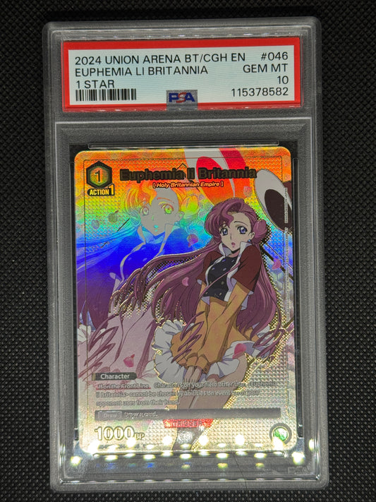 Trading card of Euphemia Li Britannia  in a colorful PSA frame on a black background