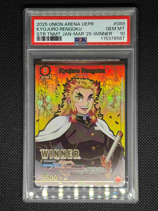 Trading card with anime character, Kyojuro Rengoku, in a protective case on a black background