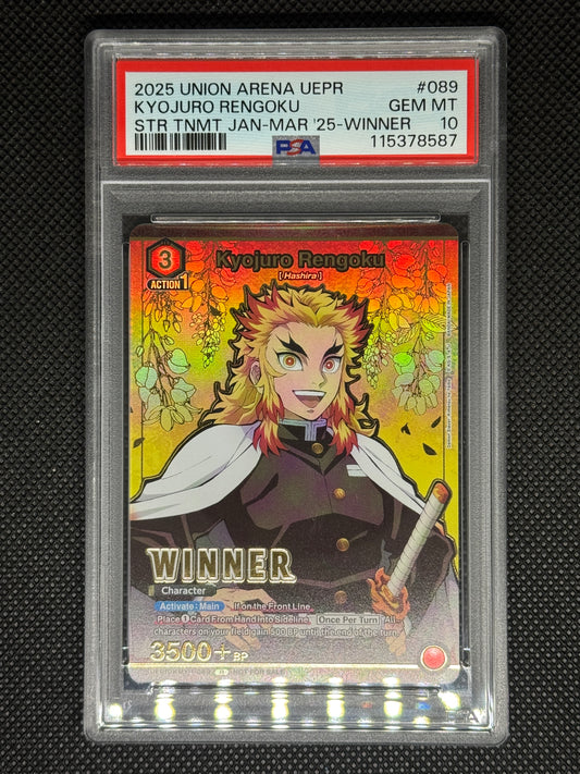 Trading card with anime character, Kyojuro Rengoku, in a protective case on a black background