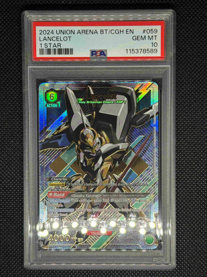 Trading card of Lancelot from Union arena in a protective case with a black background