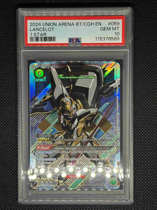 Trading card of Lancelot from Union arena in a protective case with a black background