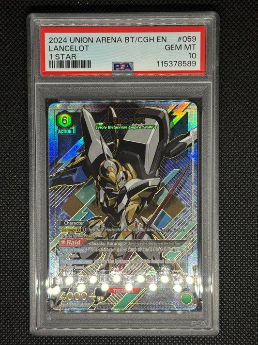 Trading card of Lancelot from Union arena in a protective case with a black background
