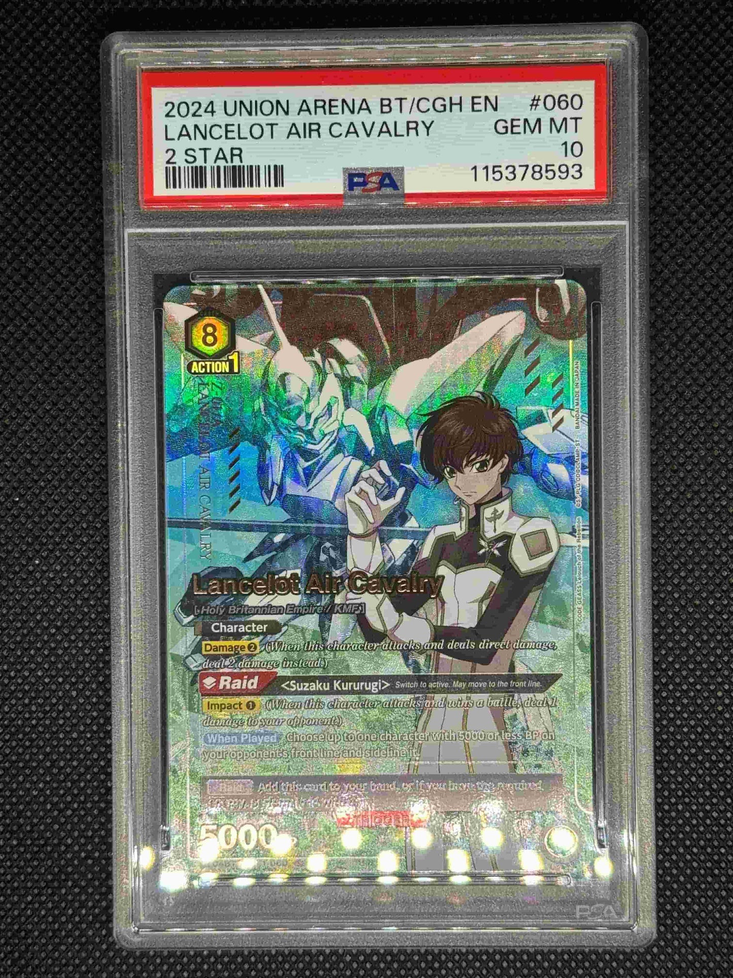 Trading card of Lancelot Air Cavalry in a protective case with character illustration and text