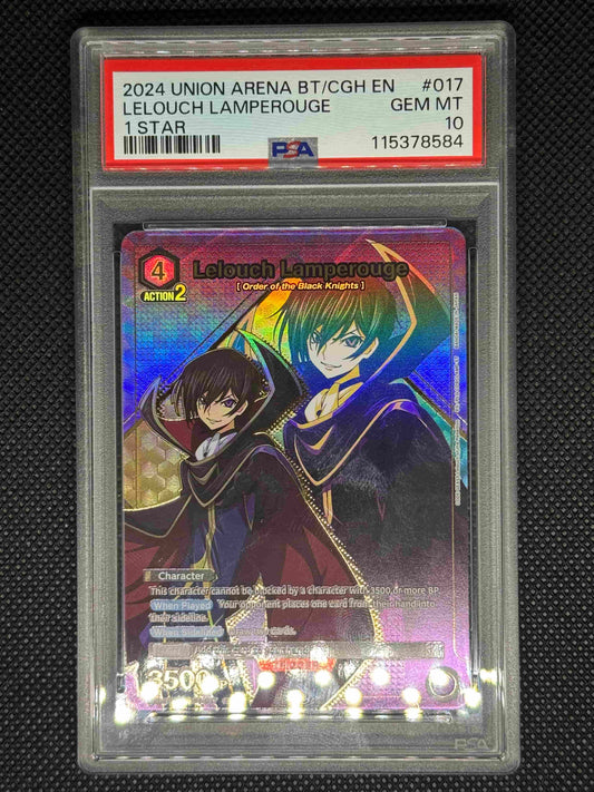 Trading card of Lelouch Lamperouge from Union Arena in a protective case with a colorful character illustration on a black background