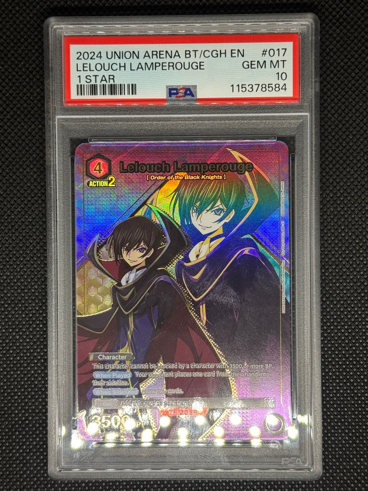 Trading card of Lelouch Lamperouge from Union Arena in a protective case with a colorful character illustration on a black background