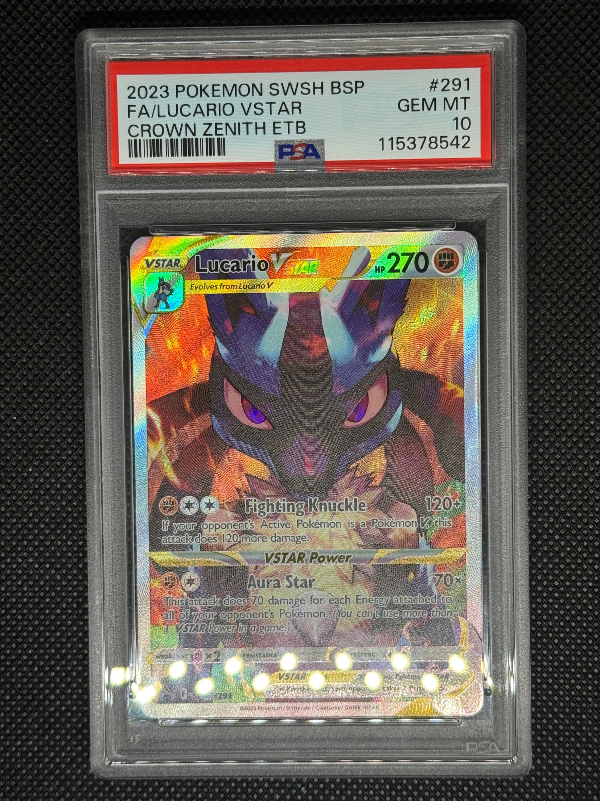 Lucario Vstar Promo from Crown Zenith ETB in a protective case with visible grading information.