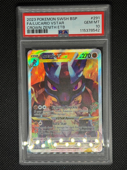 Lucario Vstar Promo from Crown Zenith ETB in a protective case with visible grading information.