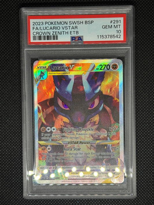 Lucario Vstar Promo from Crown Zenith ETB in a protective case with visible grading information.