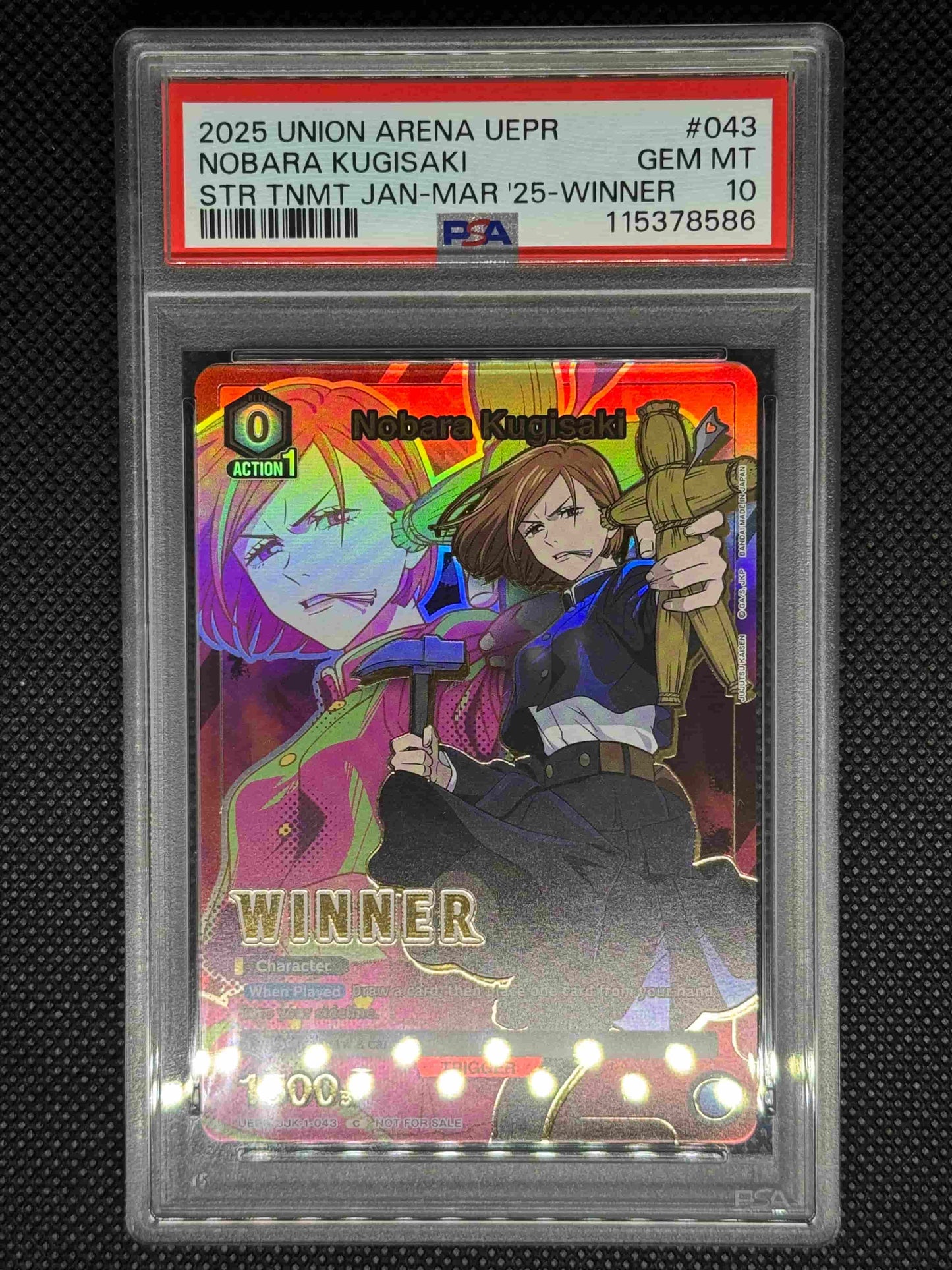 Trading card of Nobara Kugisaki from Union Arena in a protective case with colorful design and text