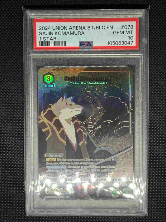 Trading card of Sajin Komamura from Union arena in a protective case with visible grading information on a dark background