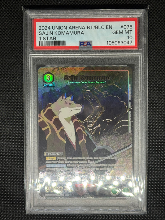 Trading card of Sajin Komamura from Union arena in a protective case with visible grading information on a dark background