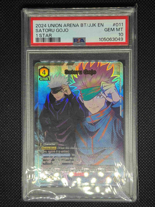 Holographic trading card of Satoru Gojo from Union Arena in protective packaging with a visible grading label.