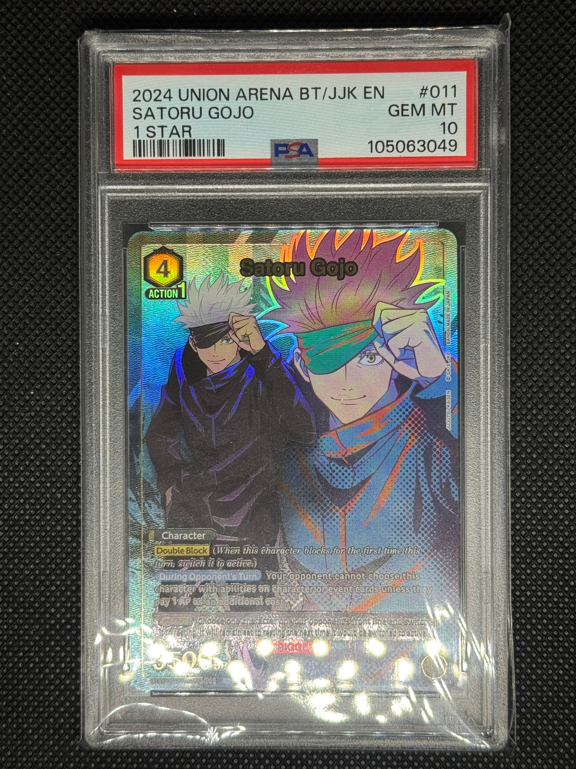Holographic trading card of Satoru Gojo from Union Arena in protective packaging with a visible grading label.
