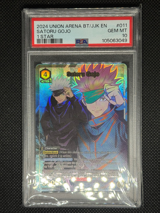 Holographic trading card of Satoru Gojo from Union Arena in protective packaging with a visible grading label.