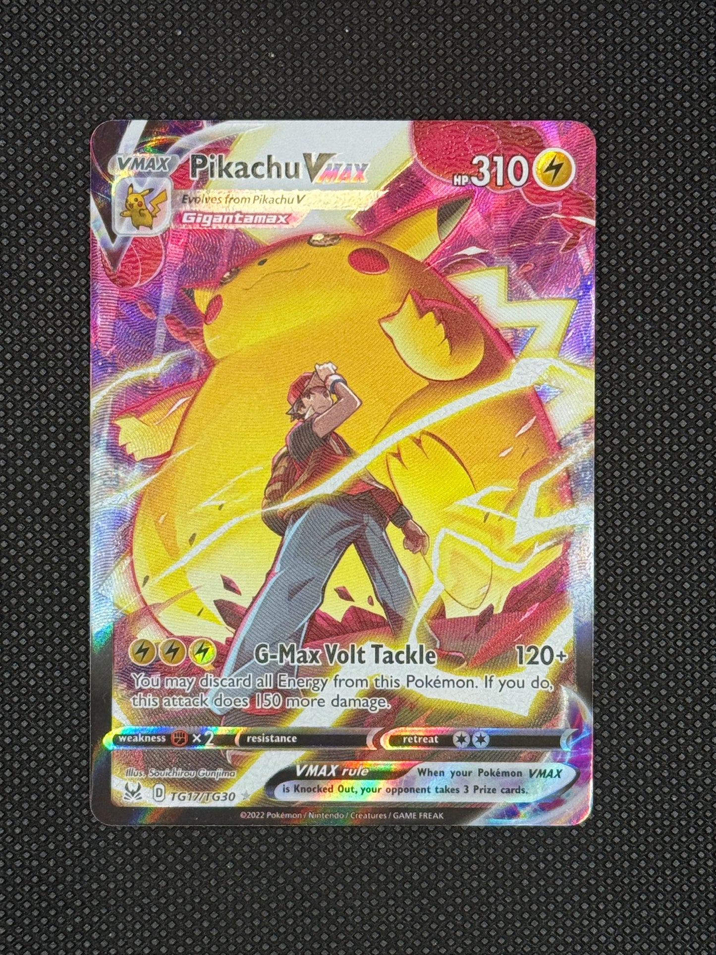 Pokémon trading card featuring Pikachu VMAX on a dark textured background with trainer RED