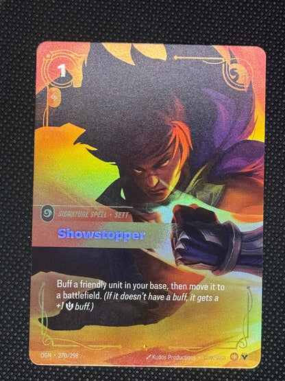 Card with colorful artwork and text on a textured black background