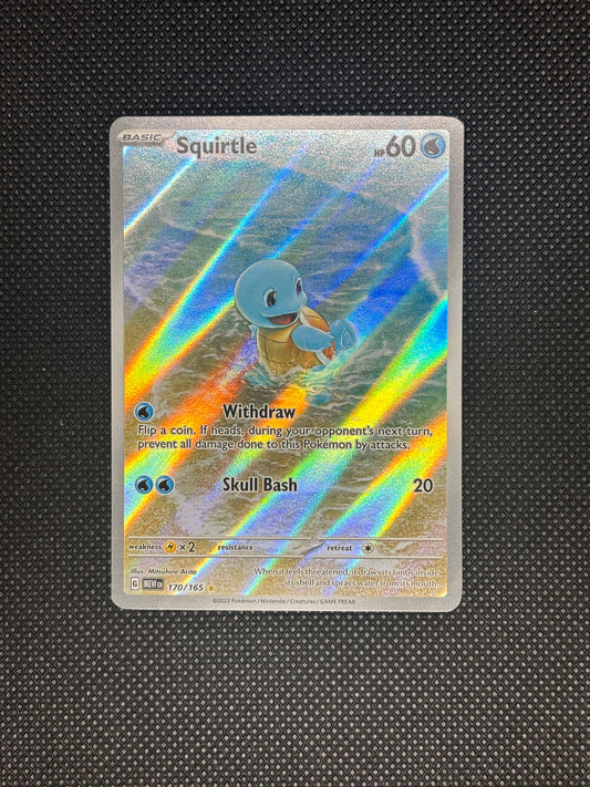 Squirtle on the beach playing with the water as a wave comes in.