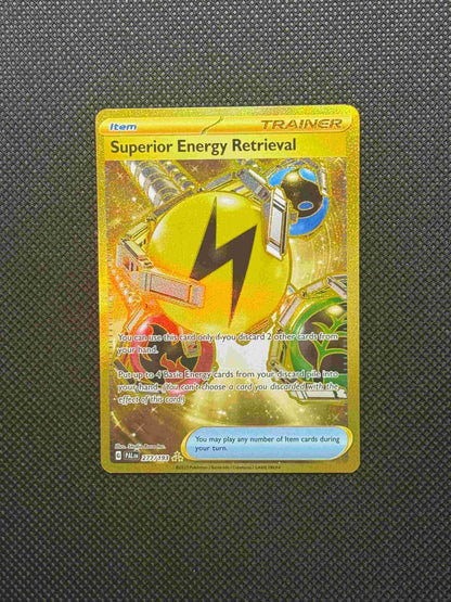 lighting, grass, water, and fire energy being pulled by mechanical arms with a gold background and boarders.