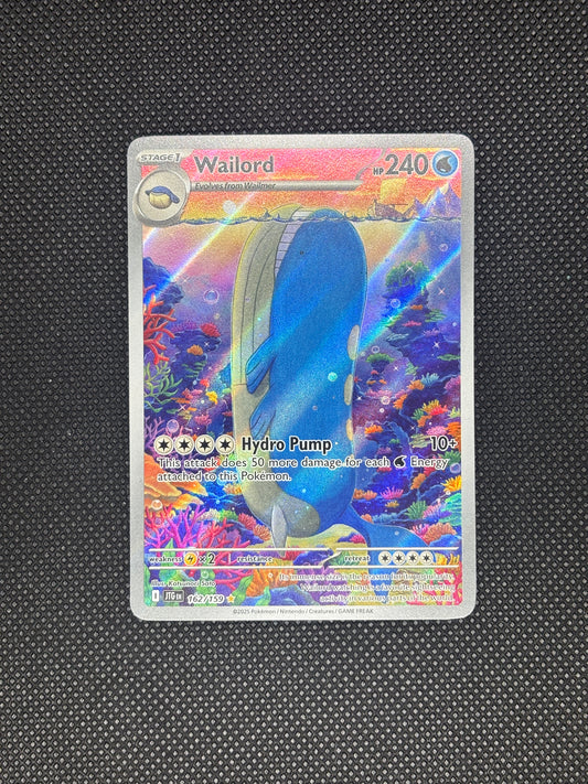 Wailord upright in the middle of the sea surrounded by coral.