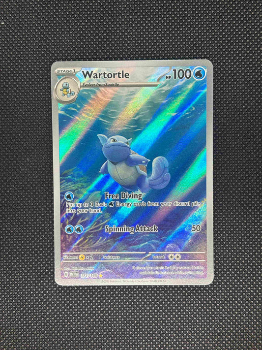 Wartortle swimming in the sea next to a coral reef as rays of sunshine come through the water.