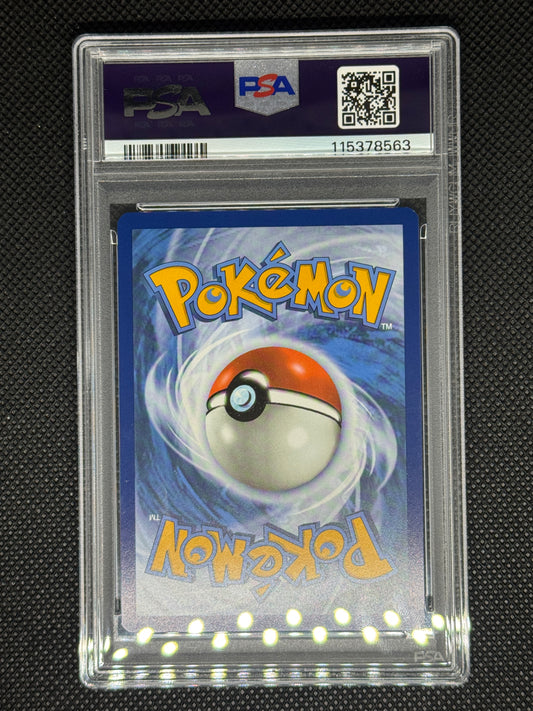 Pokémon trading card in a protective case with PSA logo, barcode, QR code, and ID number.