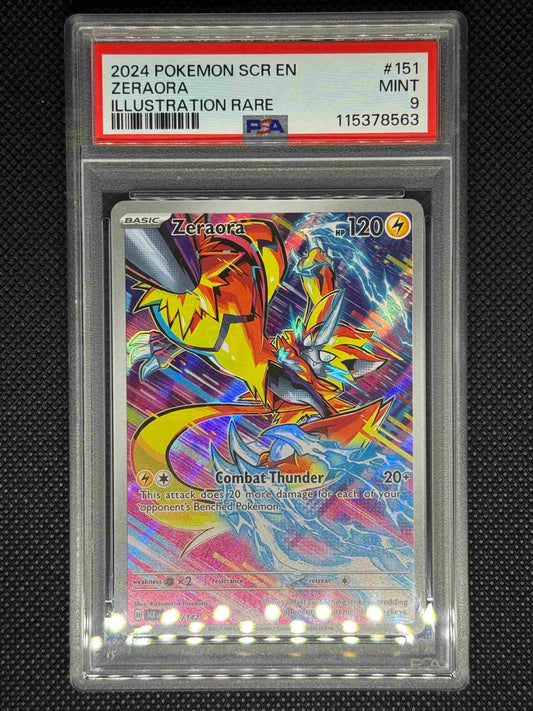Zeraora illustration rare in a PSA 9 slab with the set, card number, ID, and barcode.