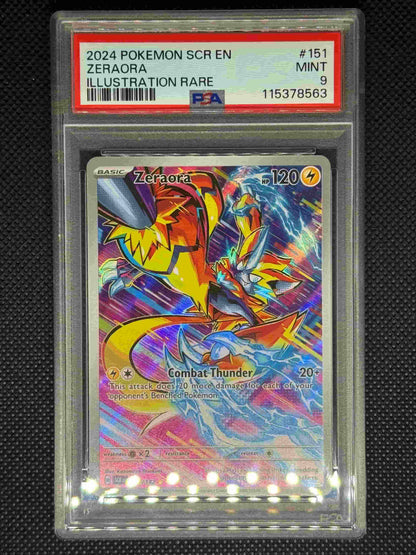 Zeraora illustration rare in a PSA 9 slab with the set, card number, ID, and barcode.