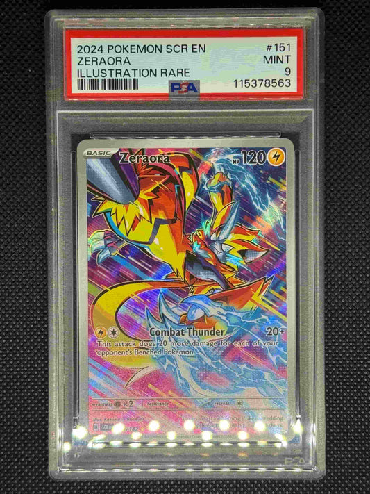 Zeraora illustration rare in a PSA 9 slab with the set, card number, ID, and barcode.