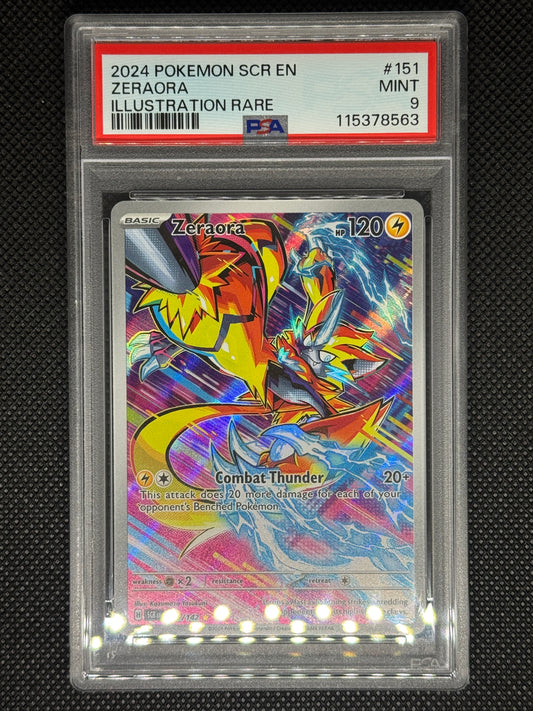 Zeraora illustration rare in a PSA 9 slab with the set, card number, ID, and barcode.