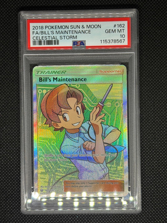 Trading card in a PSA 10 slab with a colorful illustration of a character holding a screw driver.