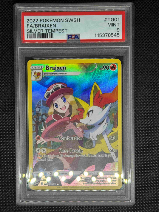Braixen Trainer Gallery in a PSA 9 slab with the set, card number, ID, and barcode.