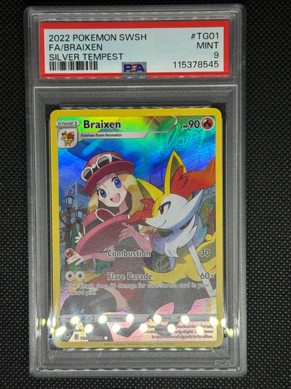 Braixen Trainer Gallery in a PSA 9 slab with the set, card number, ID, and barcode.