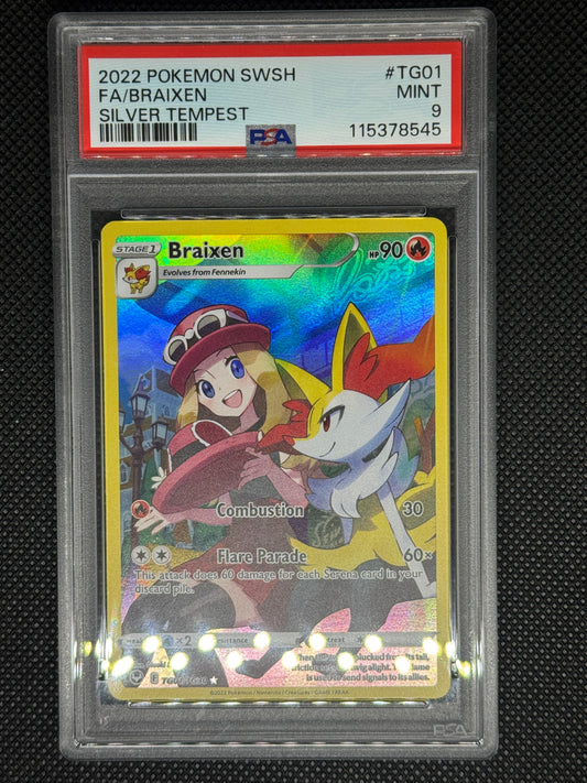 Braixen Trainer Gallery in a PSA 9 slab with the set, card number, ID, and barcode.