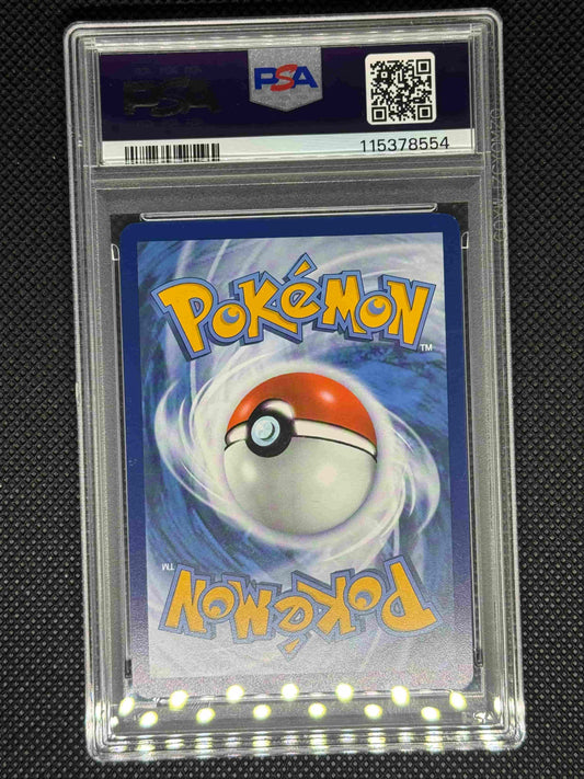 Pokémon trading card in a protective case with a visible PSA logo, barcode, QR code, and ID number.