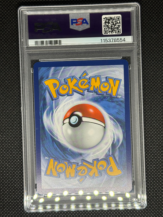 Pokémon trading card in a protective case with a visible PSA logo, barcode, QR code, and ID number.