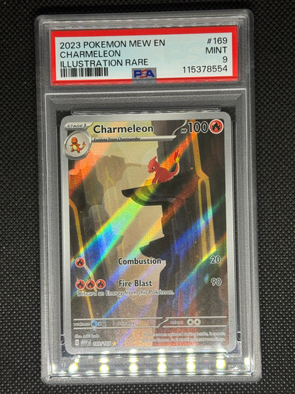 Charmeleon illustration rare from 151 in a PSA 9 slab with the set, card number, ID, and barcode.