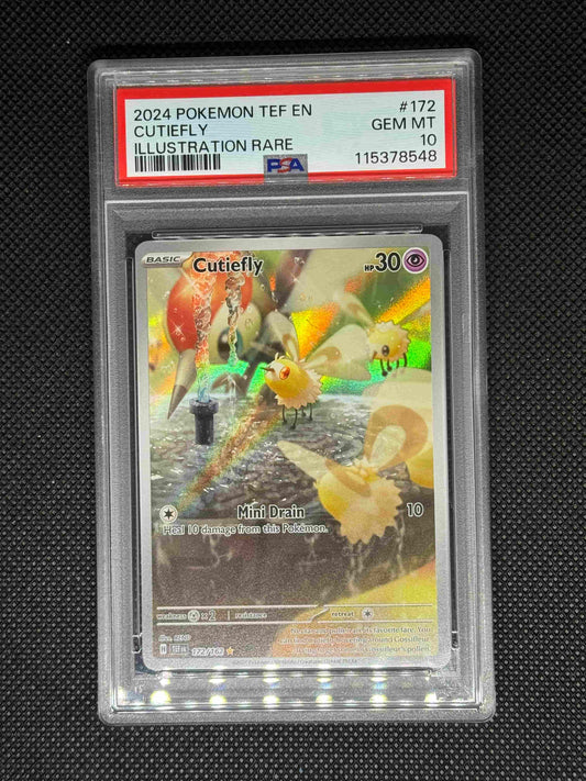 Cutiefly illustration rare in a PSA 10 slab with the set, card number, ID, and barcode.