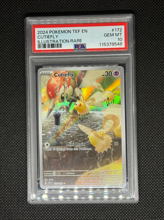 Cutiefly illustration rare in a PSA 10 slab with the set, card number, ID, and barcode.