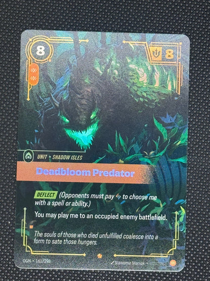 Trading card featuring a creature in a jungle setting on a textured black background