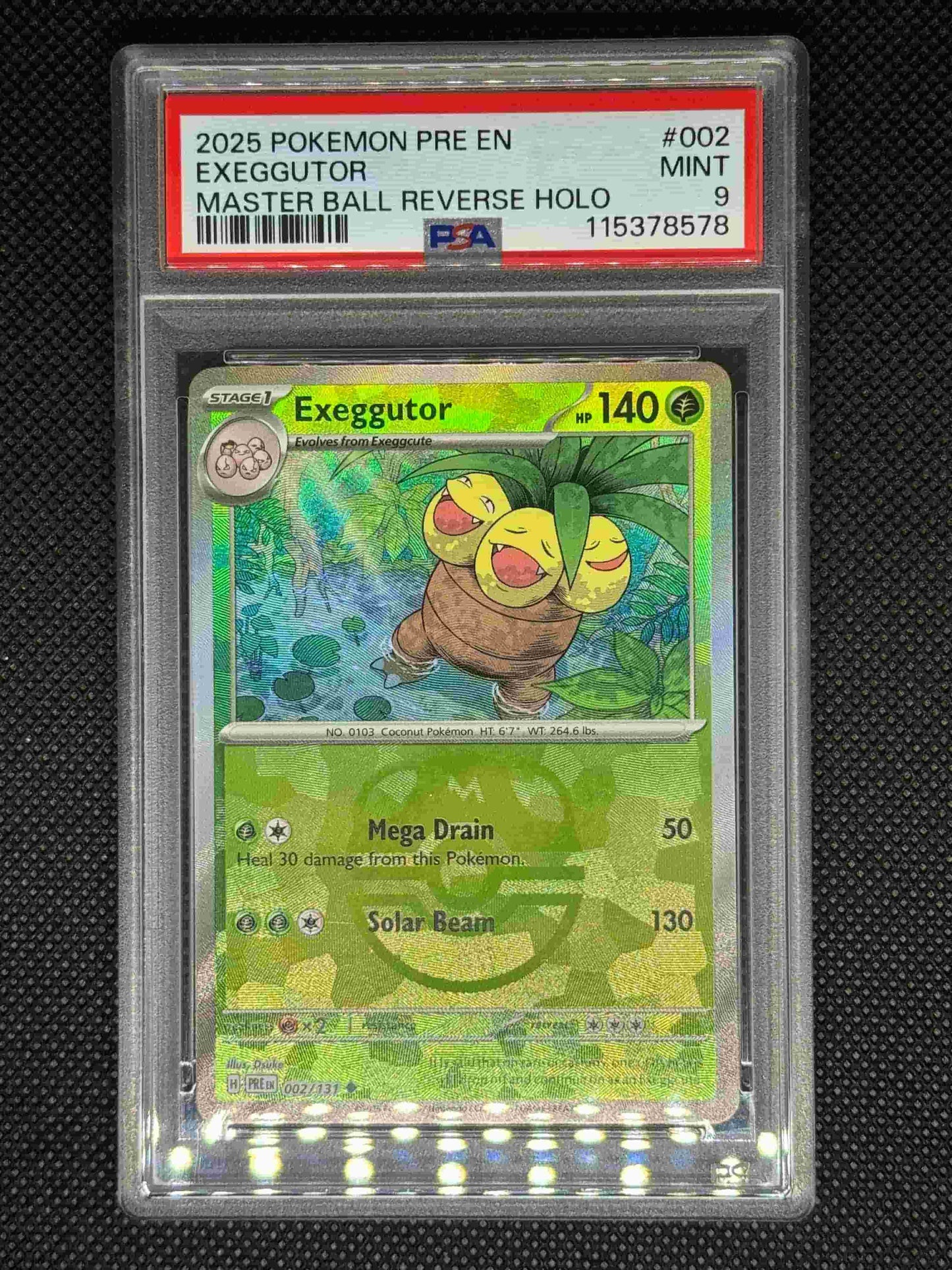 Exeggutor master ball reverse in a PSA 9 slab with the set, card number, ID, and barcode.