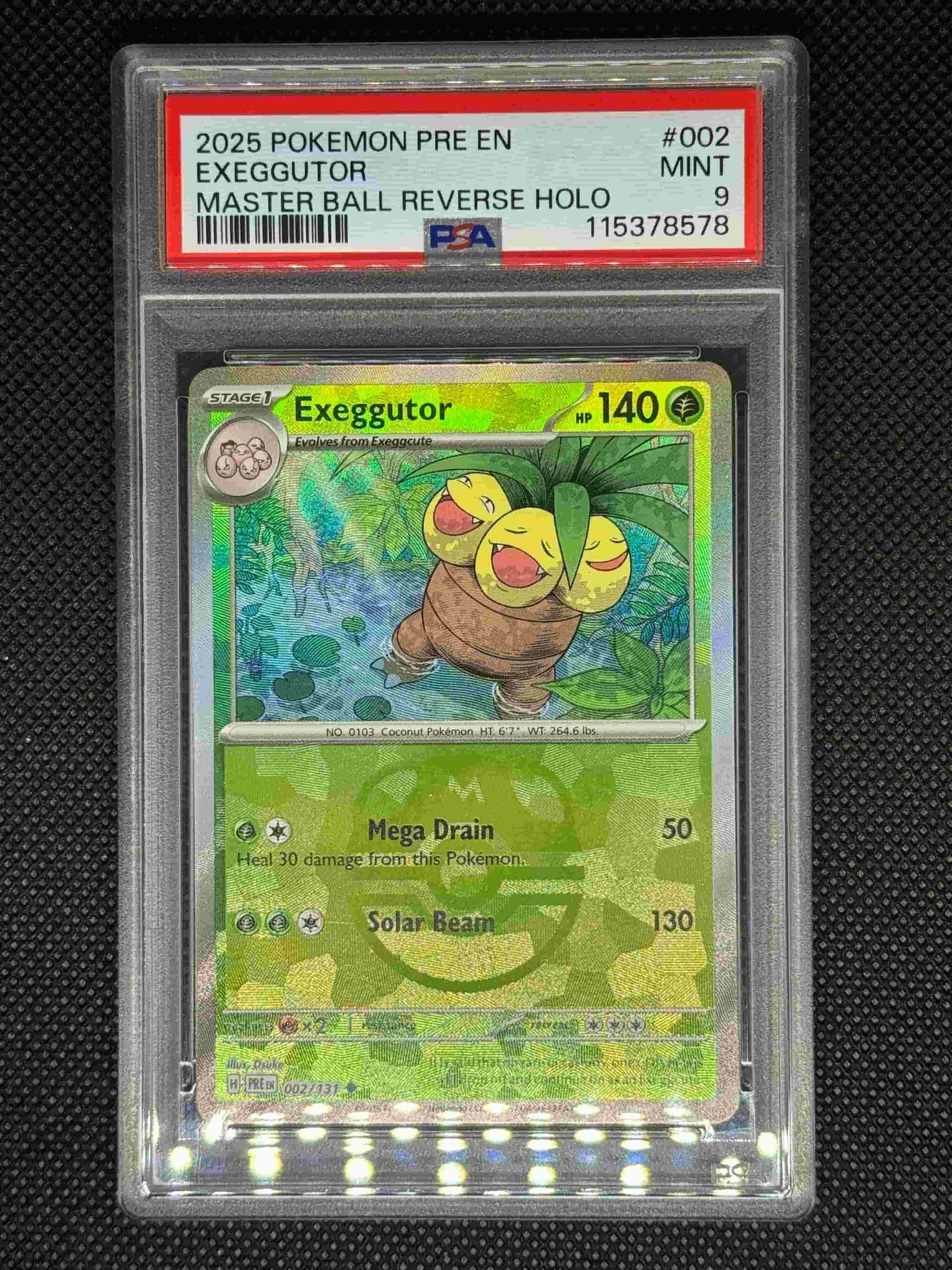Exeggutor master ball reverse in a PSA 9 slab with the set, card number, ID, and barcode.