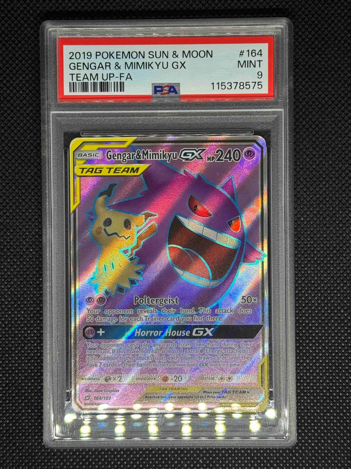 gengarandmimikyuGX in a PSA 9 slab with the set, card number, ID, and barcode.